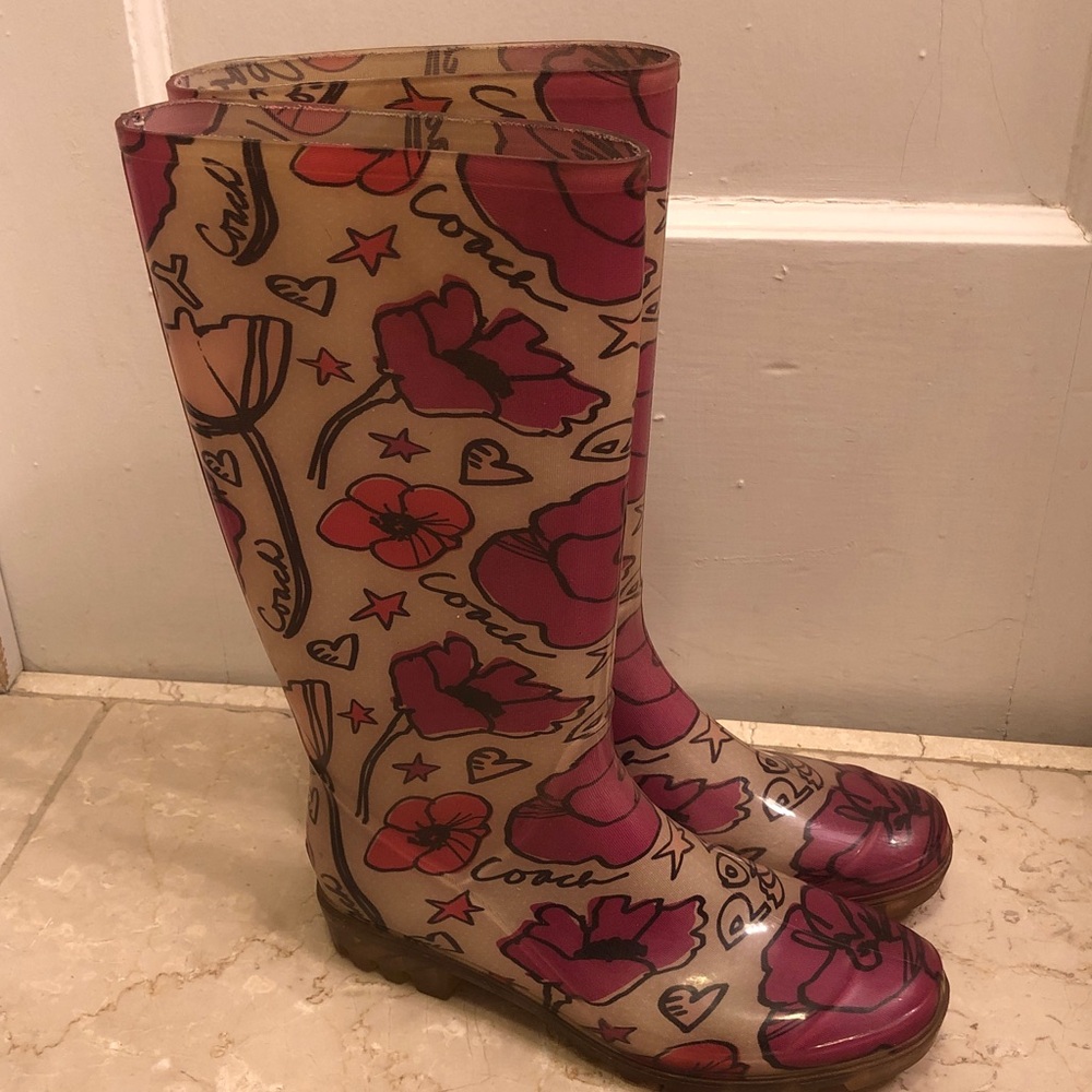 Coach Women's Floral Rain Boots - Pink and Cream